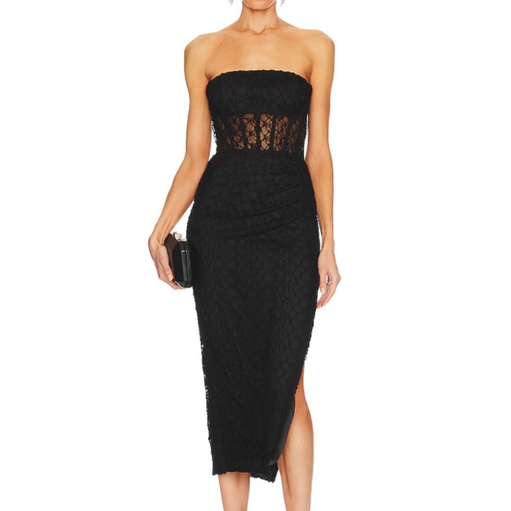 NICHOLAS Raina Strapless Corset Lace Midi Dress Black Slit‎ 6 Revolve Prom Hoco